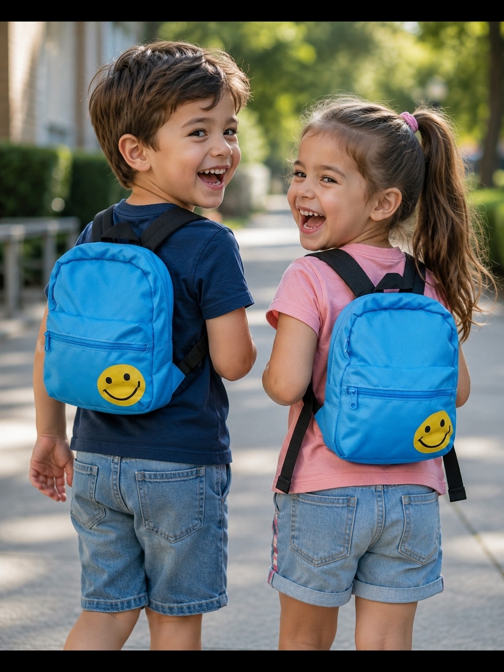2 Bright Blue Kids Backpack with Yellow Smiley Patch Bundle